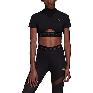 Black Women's Adidas Crop Short Sleeve T Shirts | 2657081-QC