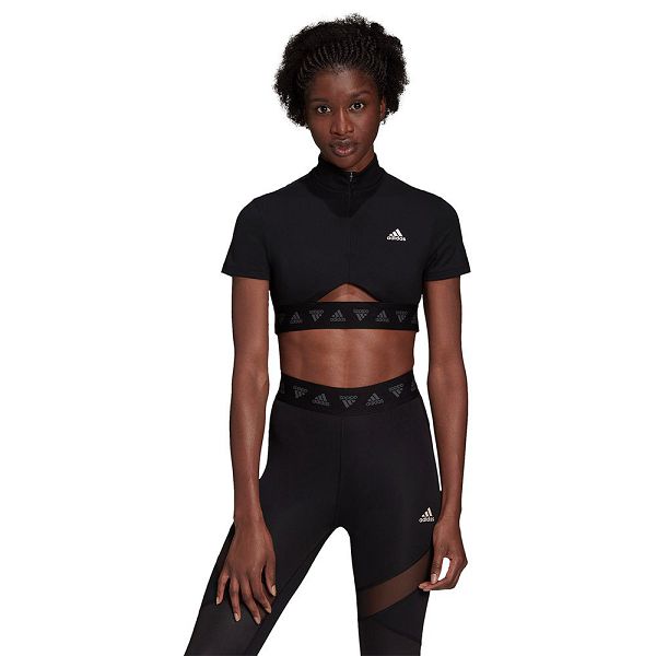 Black Women's Adidas Crop Short Sleeve T Shirts | 2657081-QC