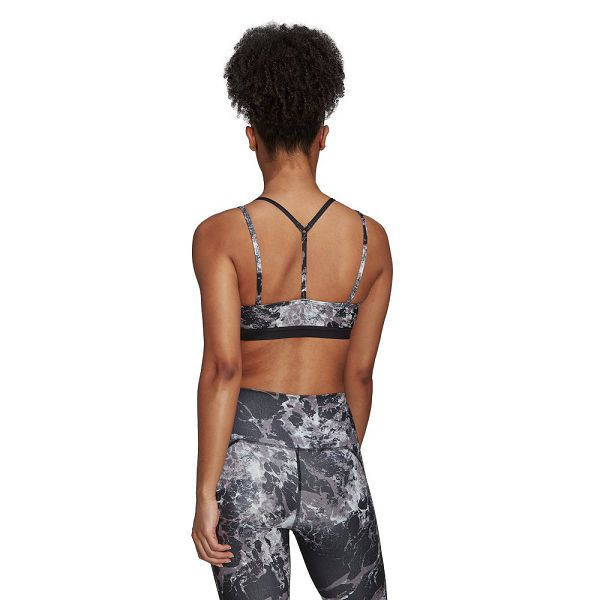 Black Women's Adidas Yoga Essentials Studio Light-Support Allover Print Sports Bra | 1573204-YB