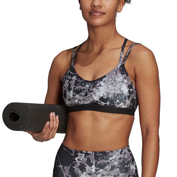 Black Women\'s Adidas Yoga Essentials Studio Light-Support Allover Print Sports Bra | 1573204-YB